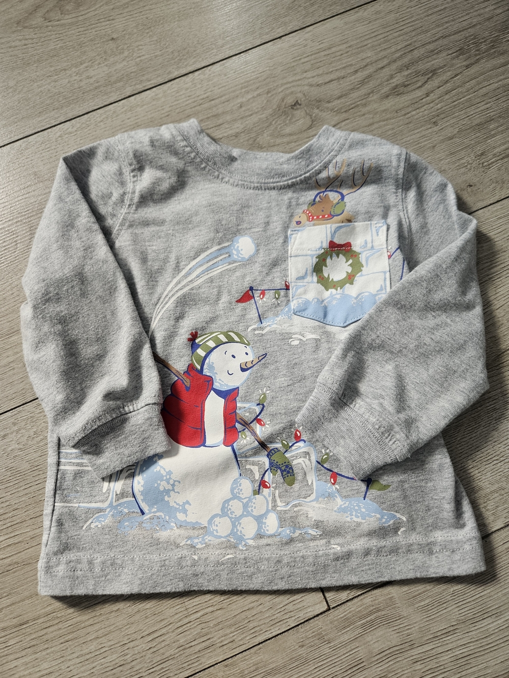 Carter’s Baby Boy Grey Snowman Reindeer Christmas Long Sleeve Shirt 12M